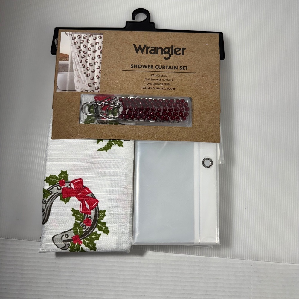 WRANGLER Christmas Horseshoe Holly Red Bow Shower Curtain Set‎ 72 x 72 VIRAL NEW